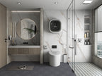 Modern bathroom with white marble wall panels and soft gold veining