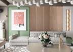 Premium wood slat acoustic panels installed as a modern living room feature wall