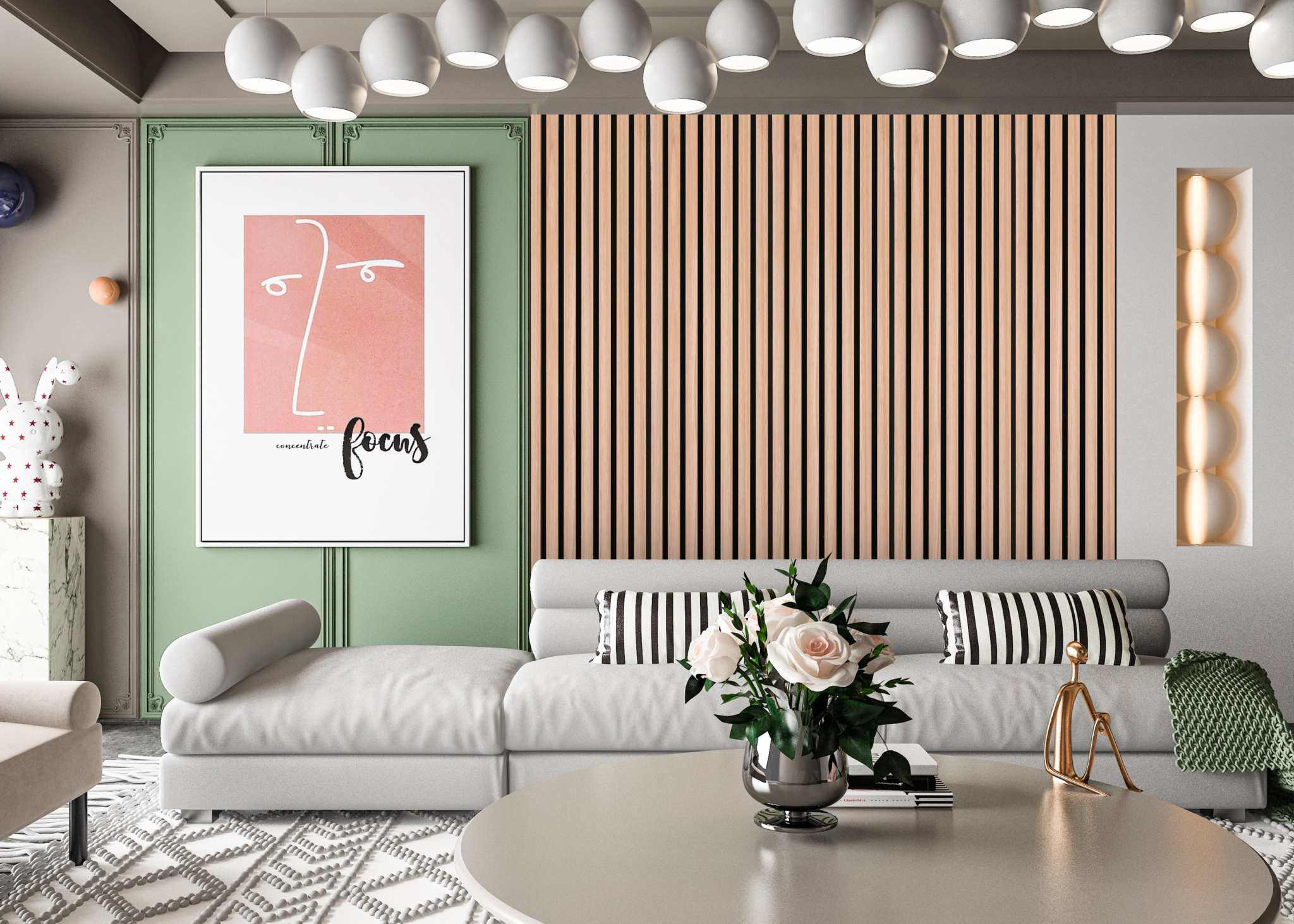 Premium wood slat acoustic panels installed as a modern living room feature wall
