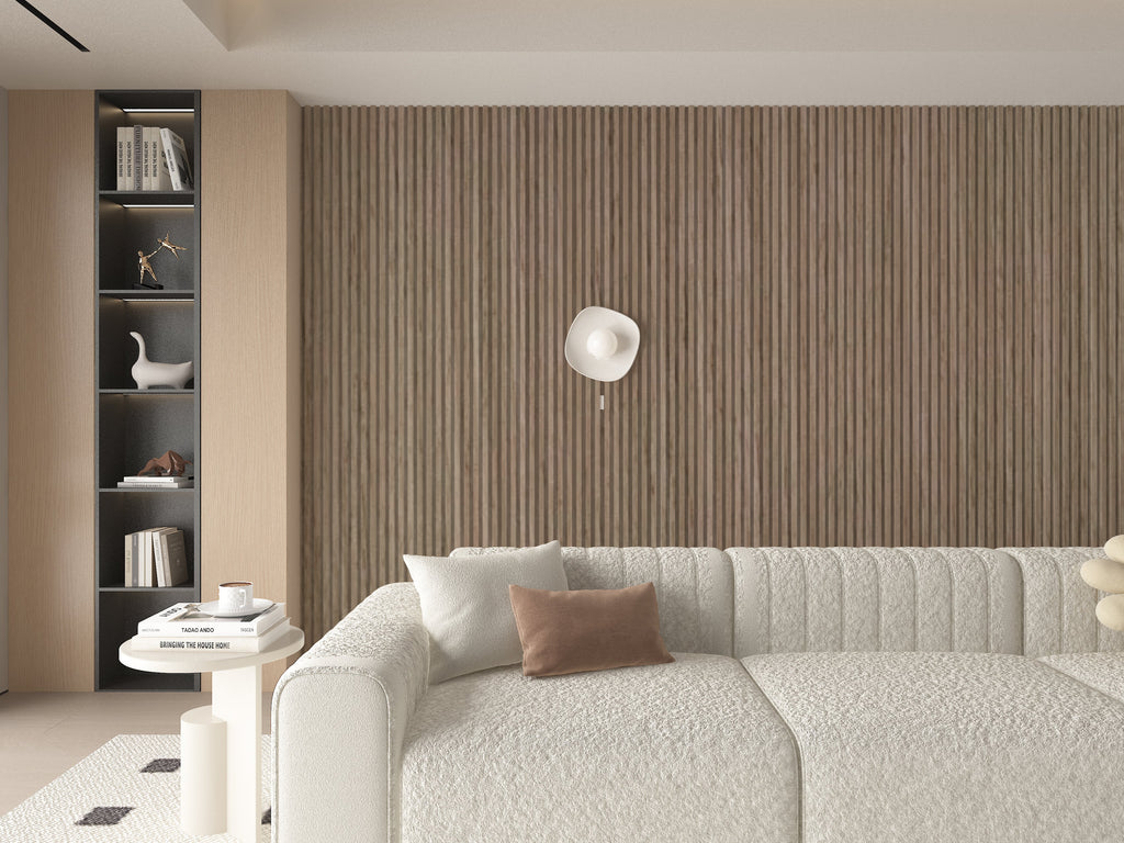 Royal Oak fluted wall panel installation behind a curved cream sectional sofa and recessed display shelving