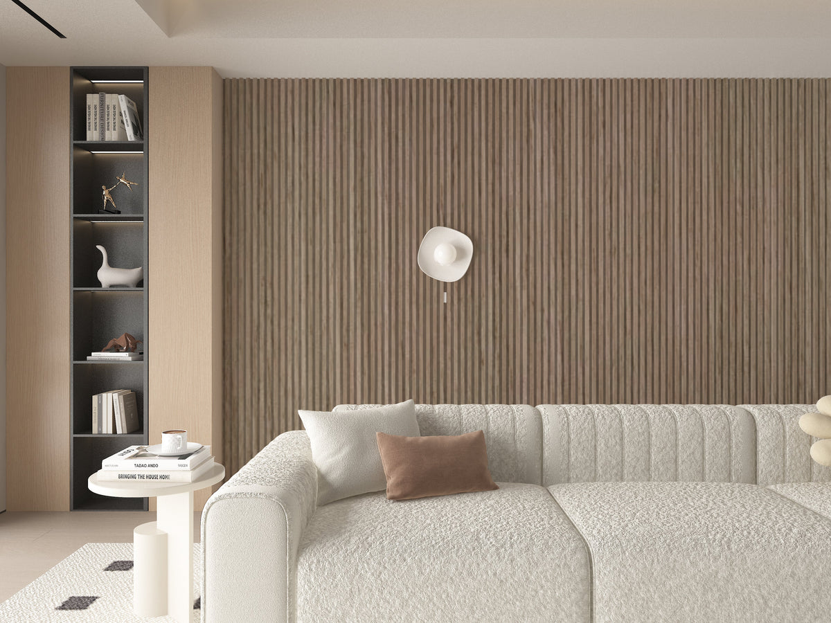 Royal Oak fluted wall panel installation behind a curved cream sectional sofa and recessed display shelving