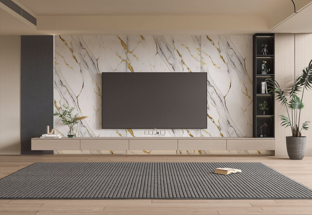 Living room TV wall with gold vein white marble PVC wall panels and floating media unit