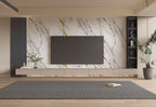 Living room TV wall with gold vein white marble PVC wall panels and floating media unit