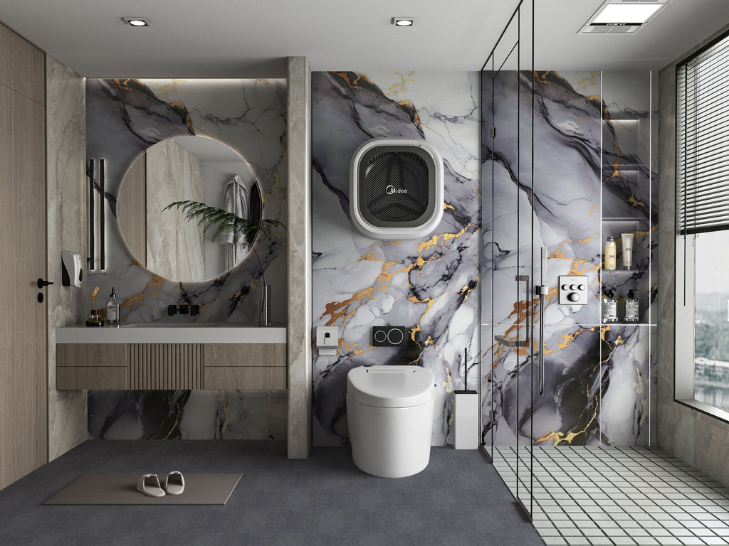 Bathroom with Blue Mist marble PVC wall panels featuring gray blue tones and gold veining