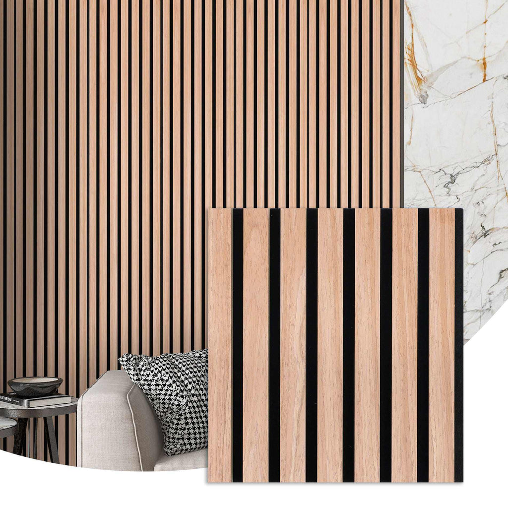 Premium wood slat acoustic wall panels with natural oak finish and black felt backing