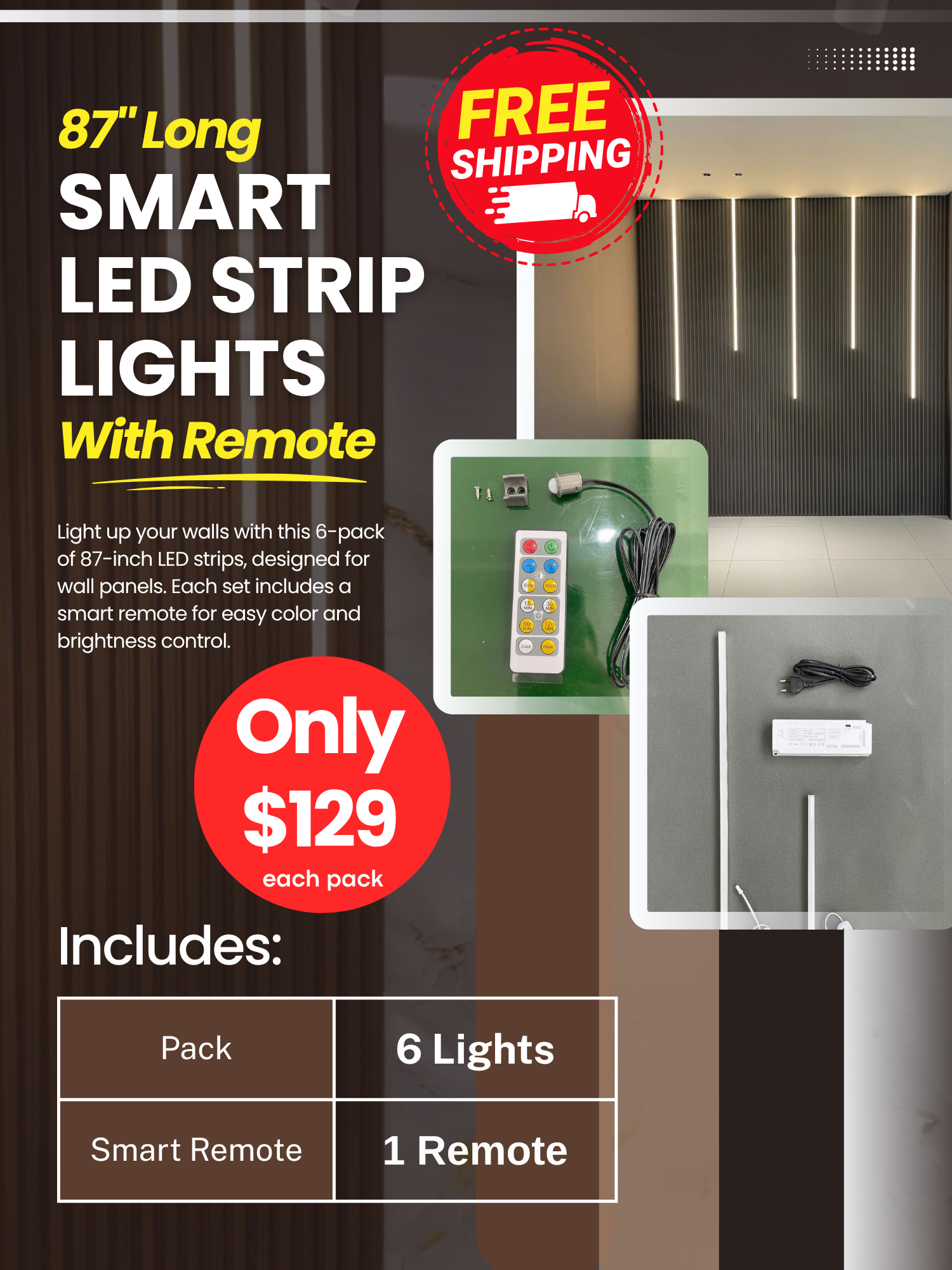 87 inch smart LED strip lights with remote control for modern wall panel accent lighting Main image