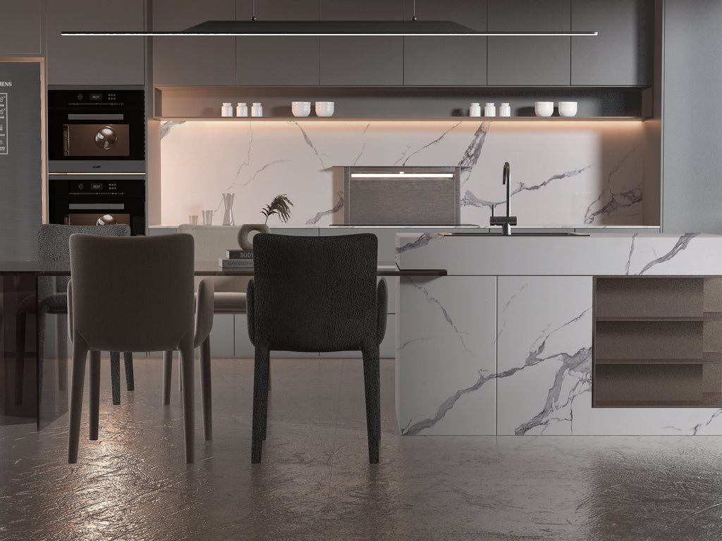 Kitchen with white marble PVC wall panels and soft gray veining