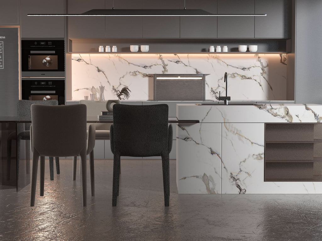 Modern kitchen with white marble backsplash and waterfall island