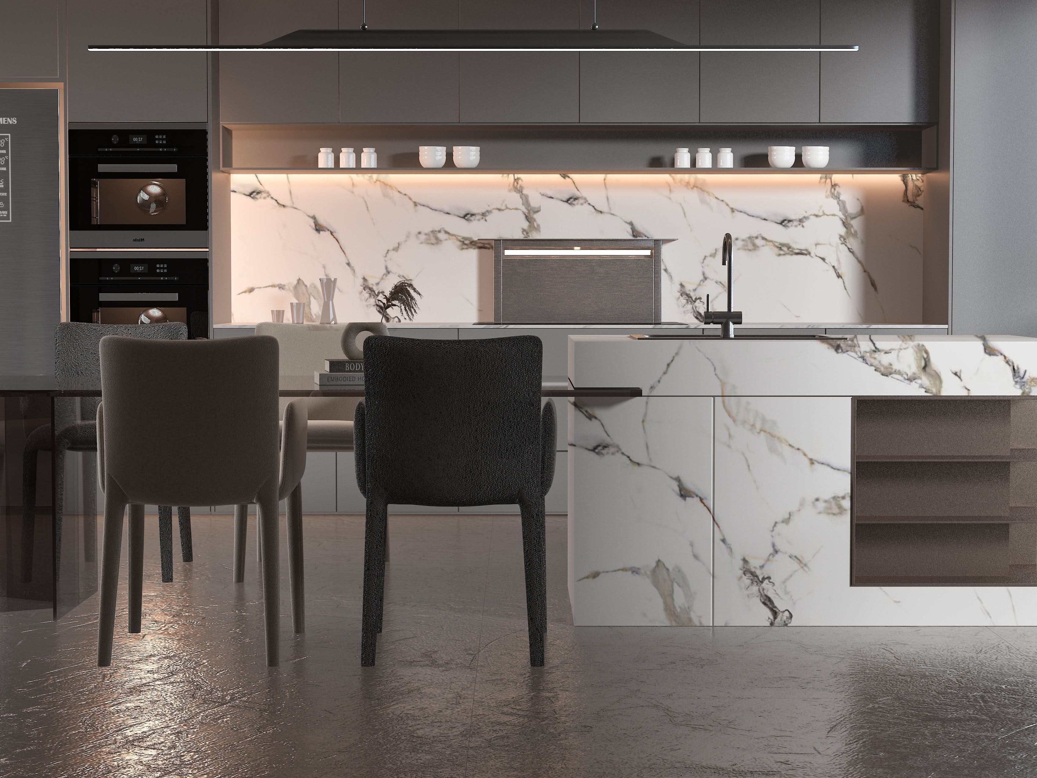 Modern kitchen with white marble backsplash and waterfall island