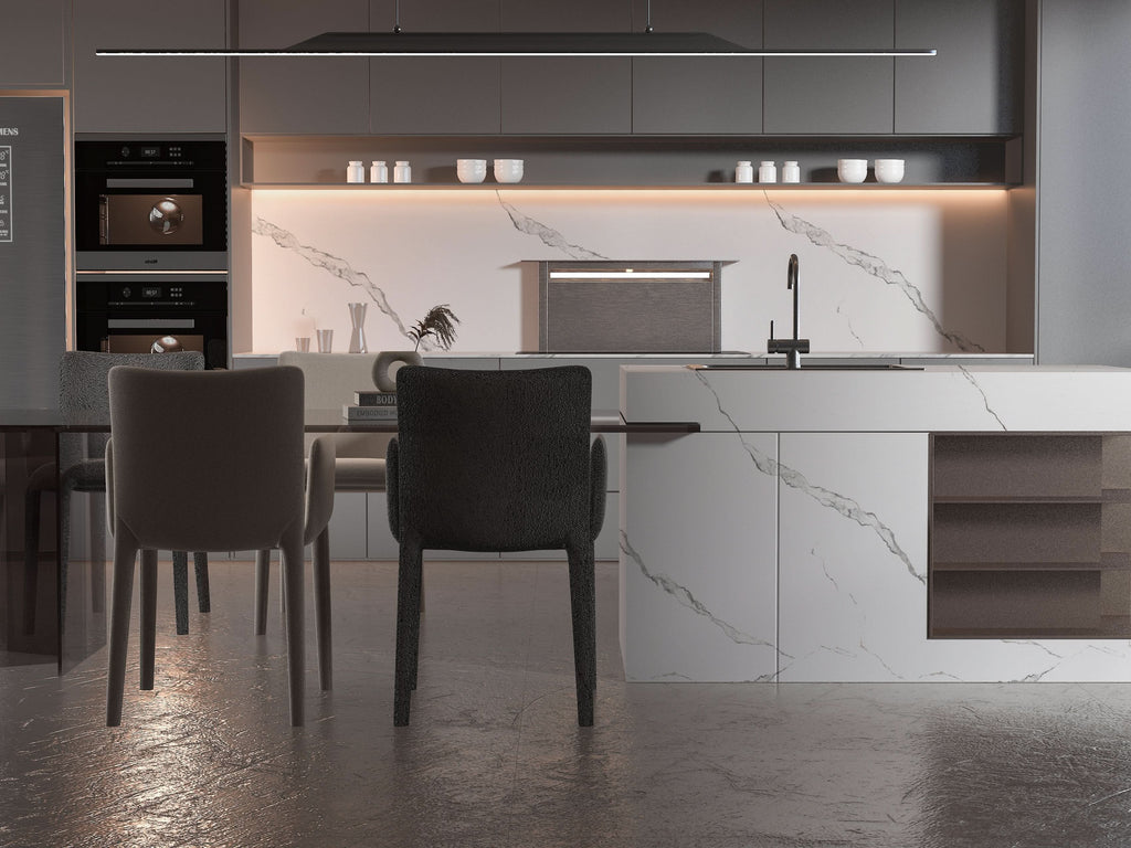 Kitchen with Calacatta Belga white marble PVC wall panels and subtle gray veining