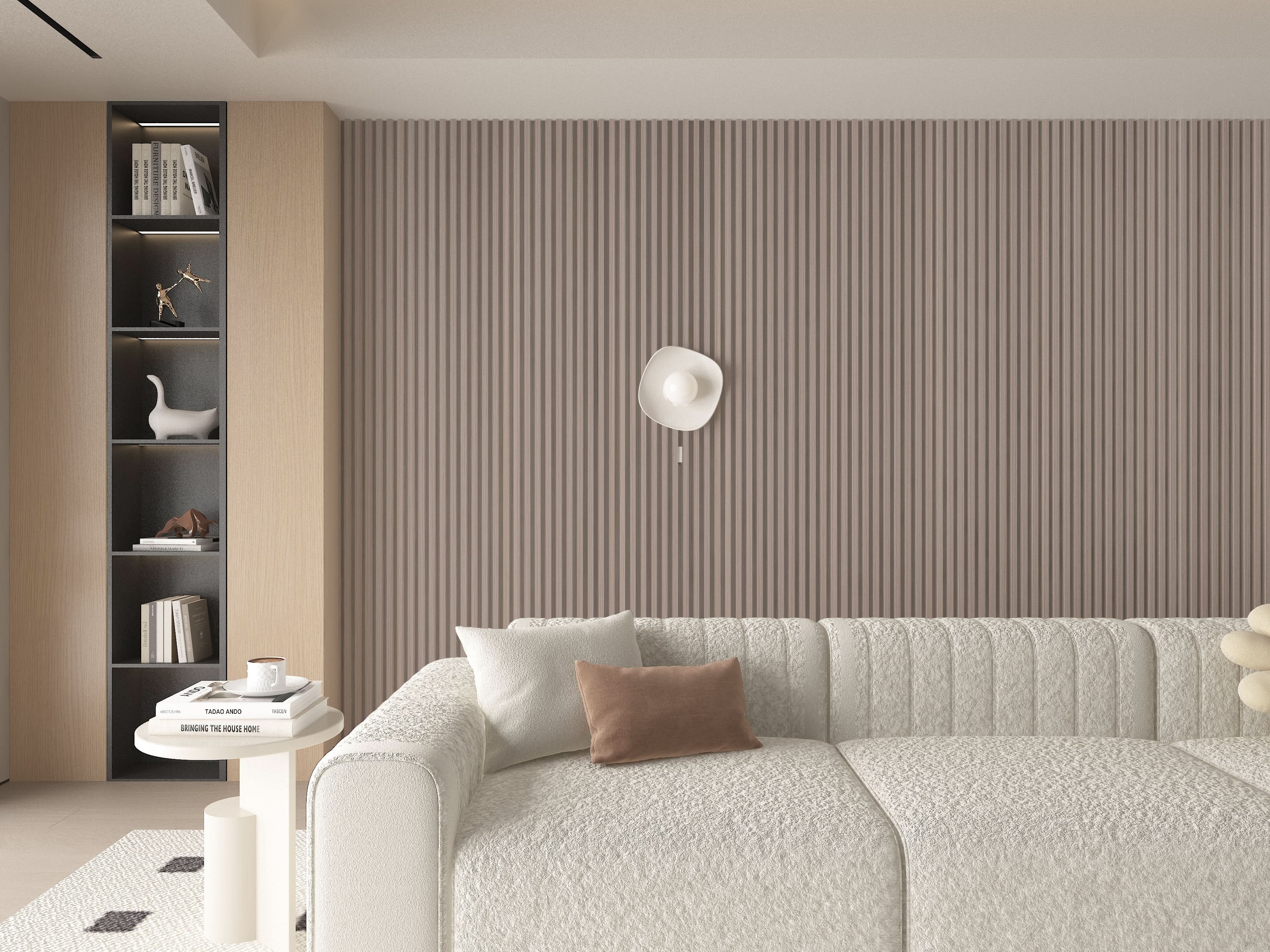 Living room accent wall with carbon gray WPC fluted 3D wall panels