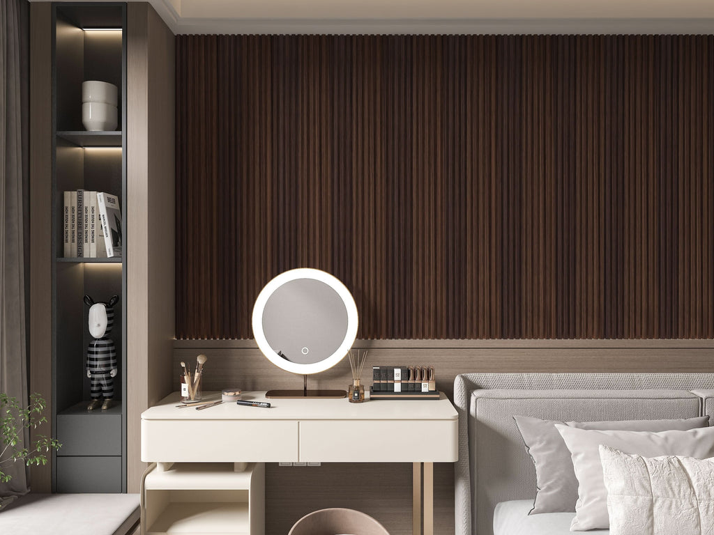 Bedroom accent wall with dark smoky oak WPC fluted 3D wall panels and vanity setup