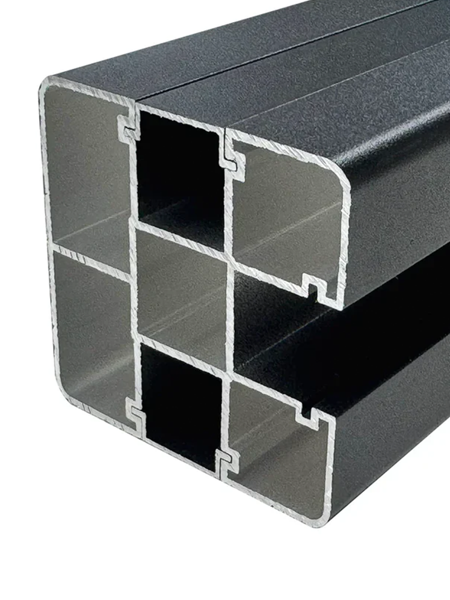 Cutaway view of the black fence post showing hollow internal chambers and an open side channel