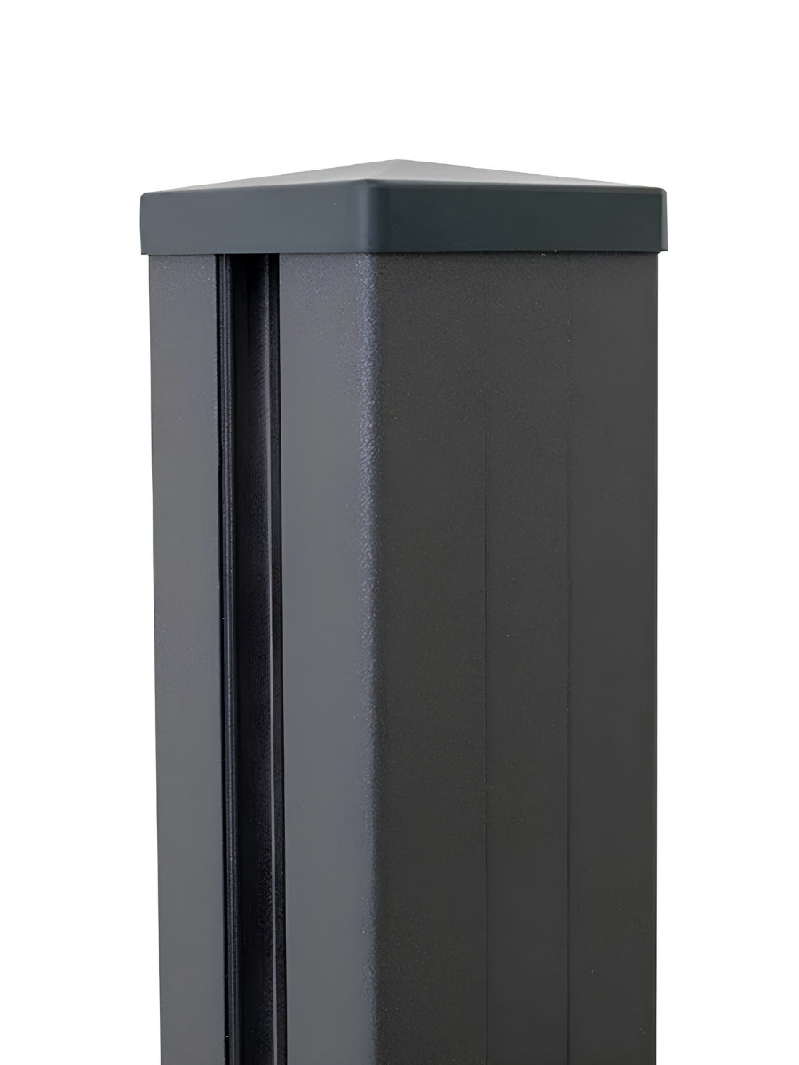 Close-up of the black 6 ft above-ground fence post with fitted square top cap