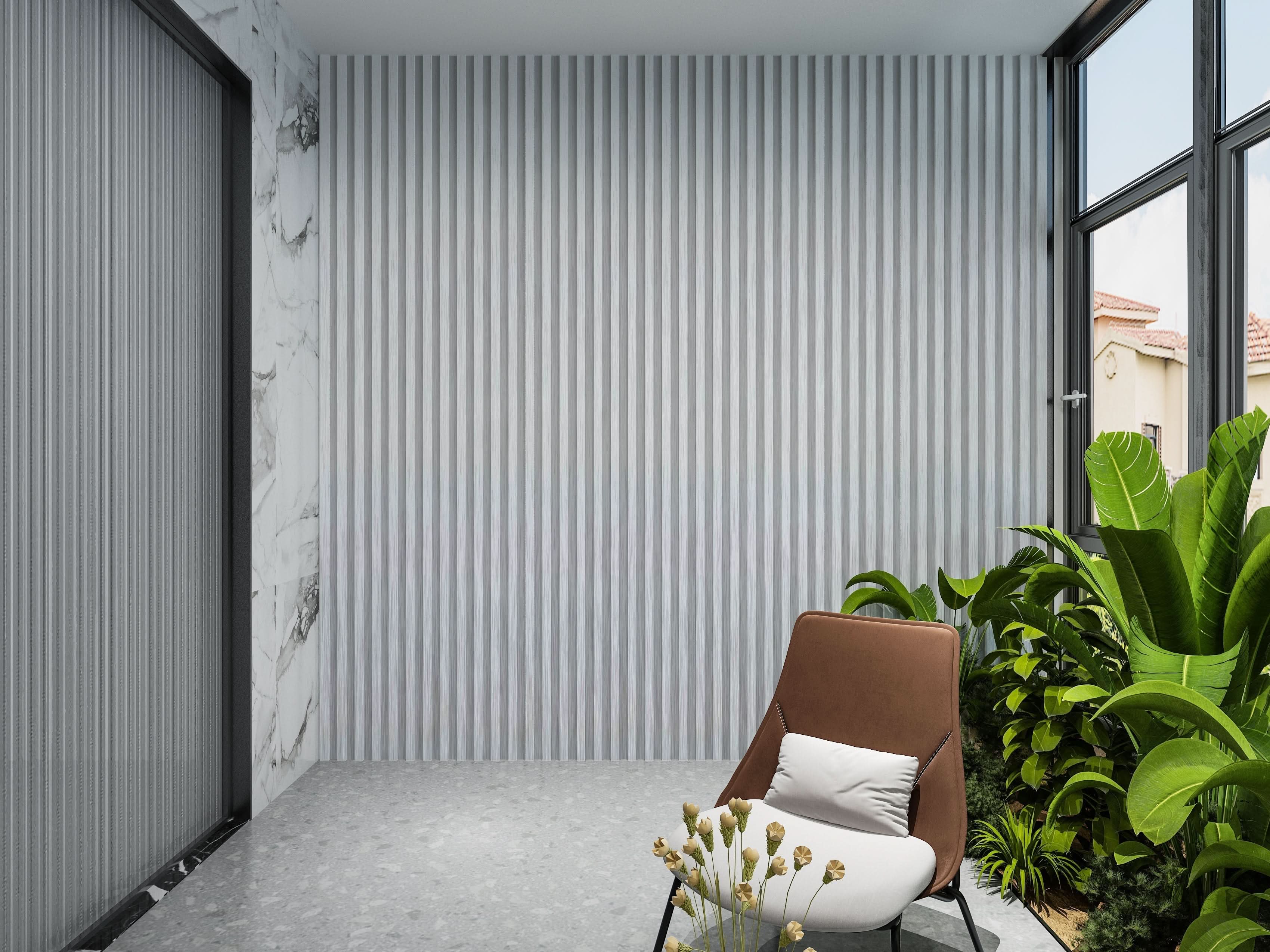 White Linen WPC fluted wall panel installed as modern interior accent wall