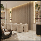 Luxury salon interior with natural oak acoustic slat wall panel feature wall and warm LED lighting