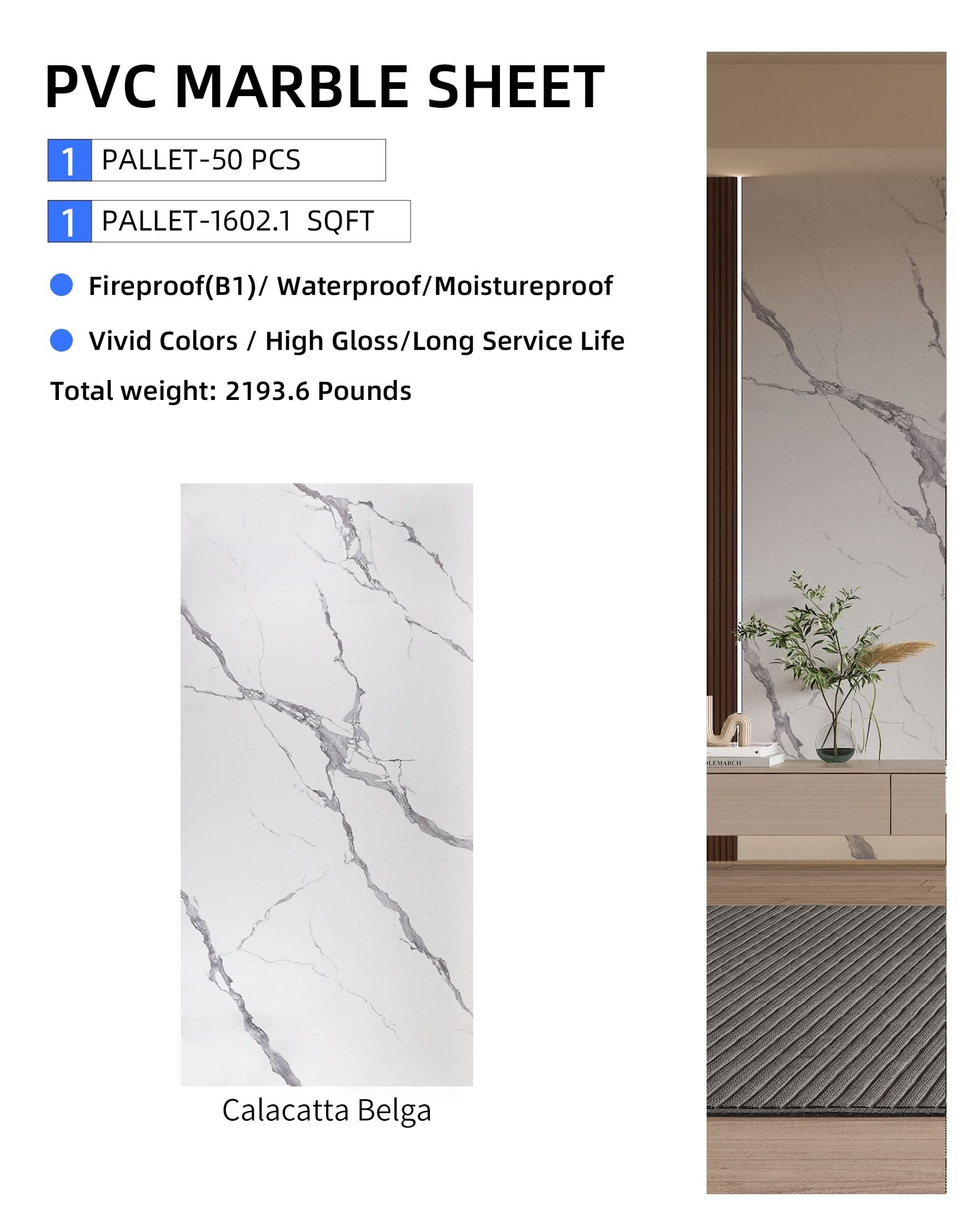 Kitchen with white marble PVC wall panels and soft gray veining