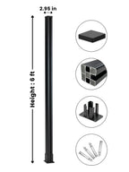 Black 6 ft above-ground fence post with 2.95-inch width, top cap, surface-mount base, and fasteners