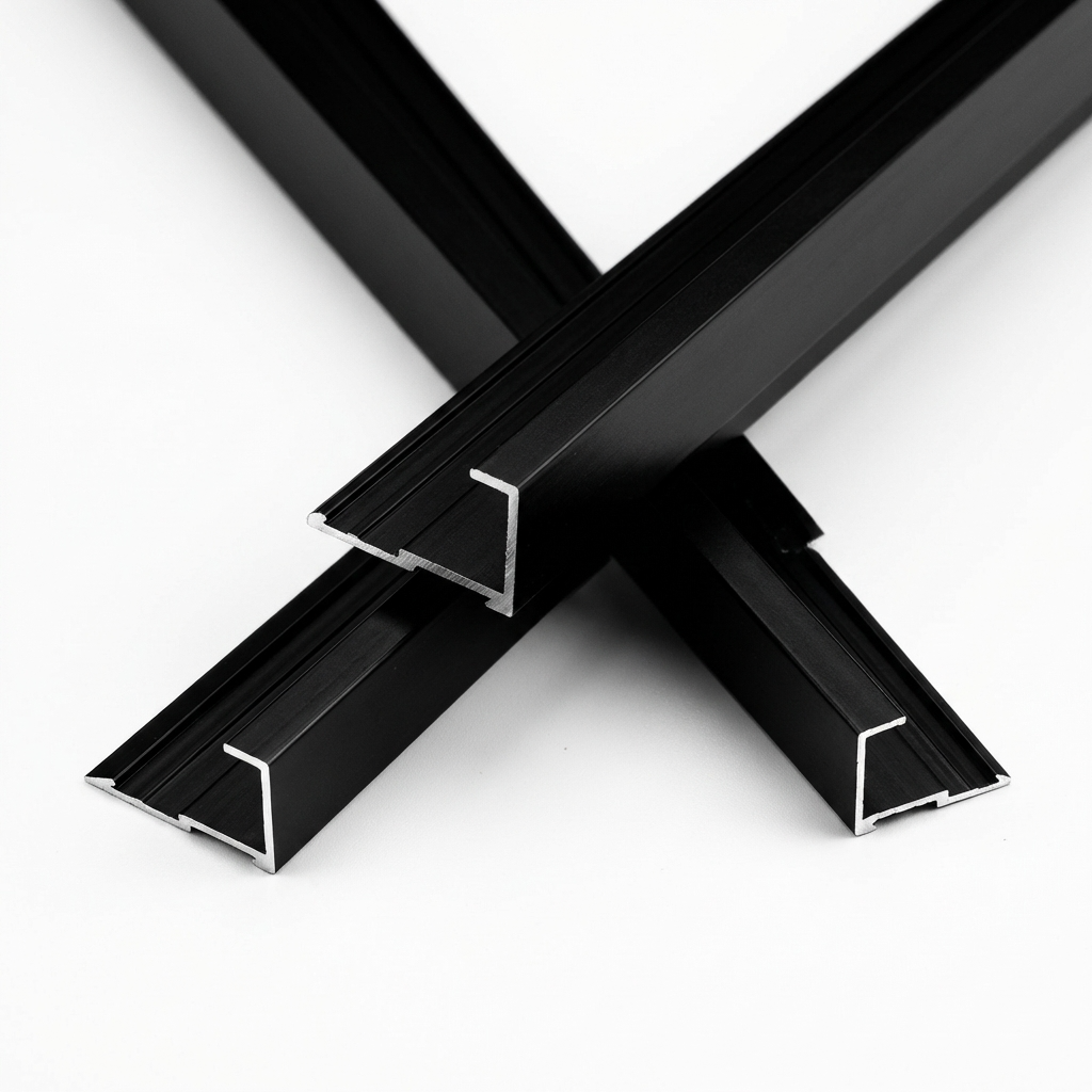 Three crossed black aluminum alloy end cap trim strips showing their channel-shaped ends
