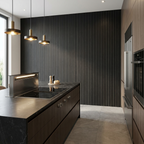 Black Acoustic Slat Wall Panels Installed in Modern Kitchen Interior with Vertical Slat Design