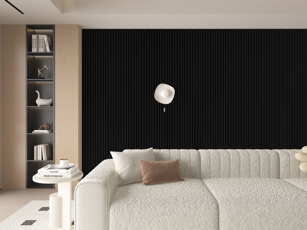 Luxe Noir black WPC fluted 3D wall panels accent wall in modern living room interior