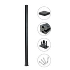 6ft black aluminum fence post with post cap, internal channel profile, base plate, and mounting bolts