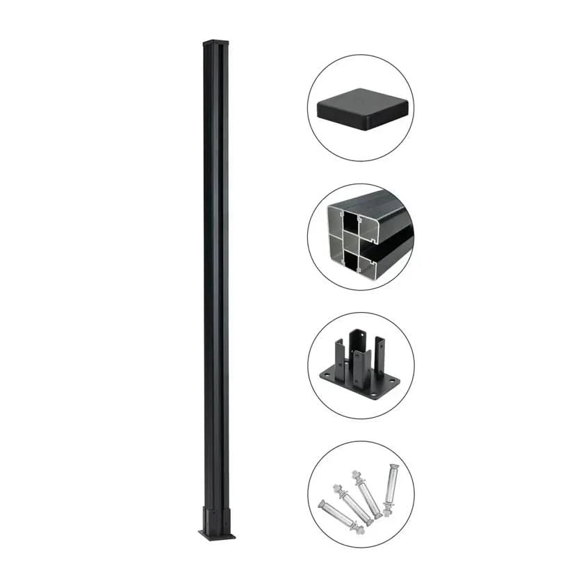 6ft black aluminum fence post with post cap, internal channel profile, base plate, and mounting bolts