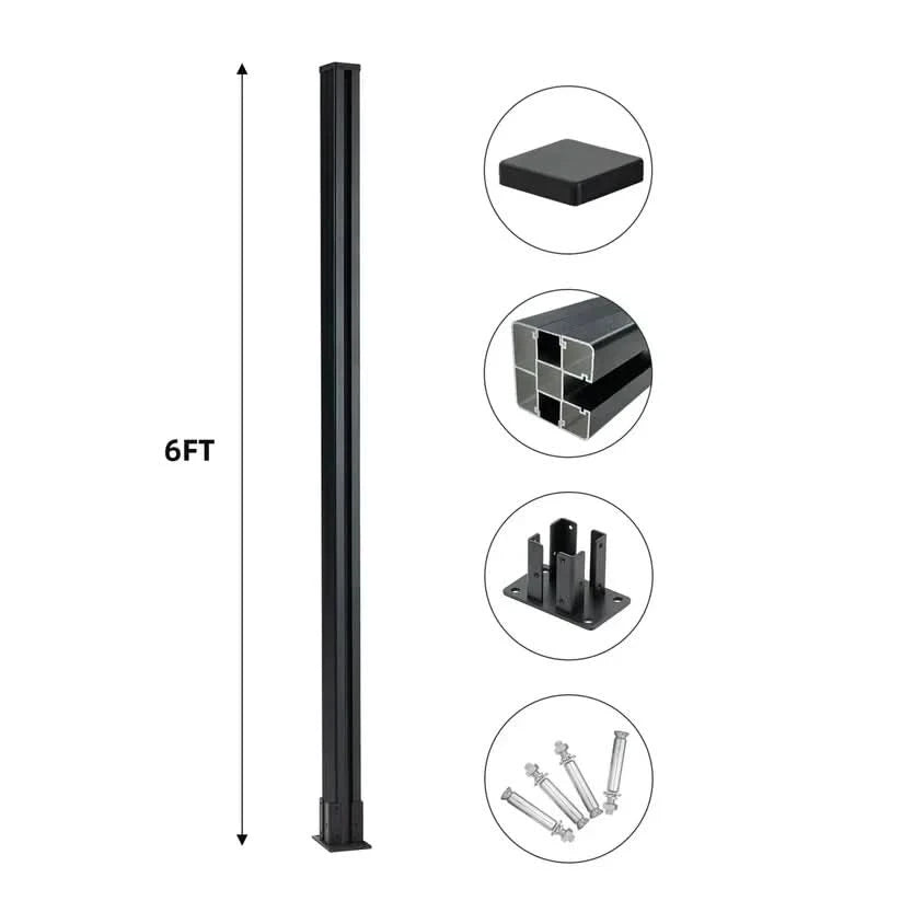 6ft black aluminum fence post with base plate, post cap, internal profile, and mounting hardware