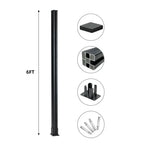 6ft black aluminum fence post with base plate, post cap, internal profile, and mounting hardware