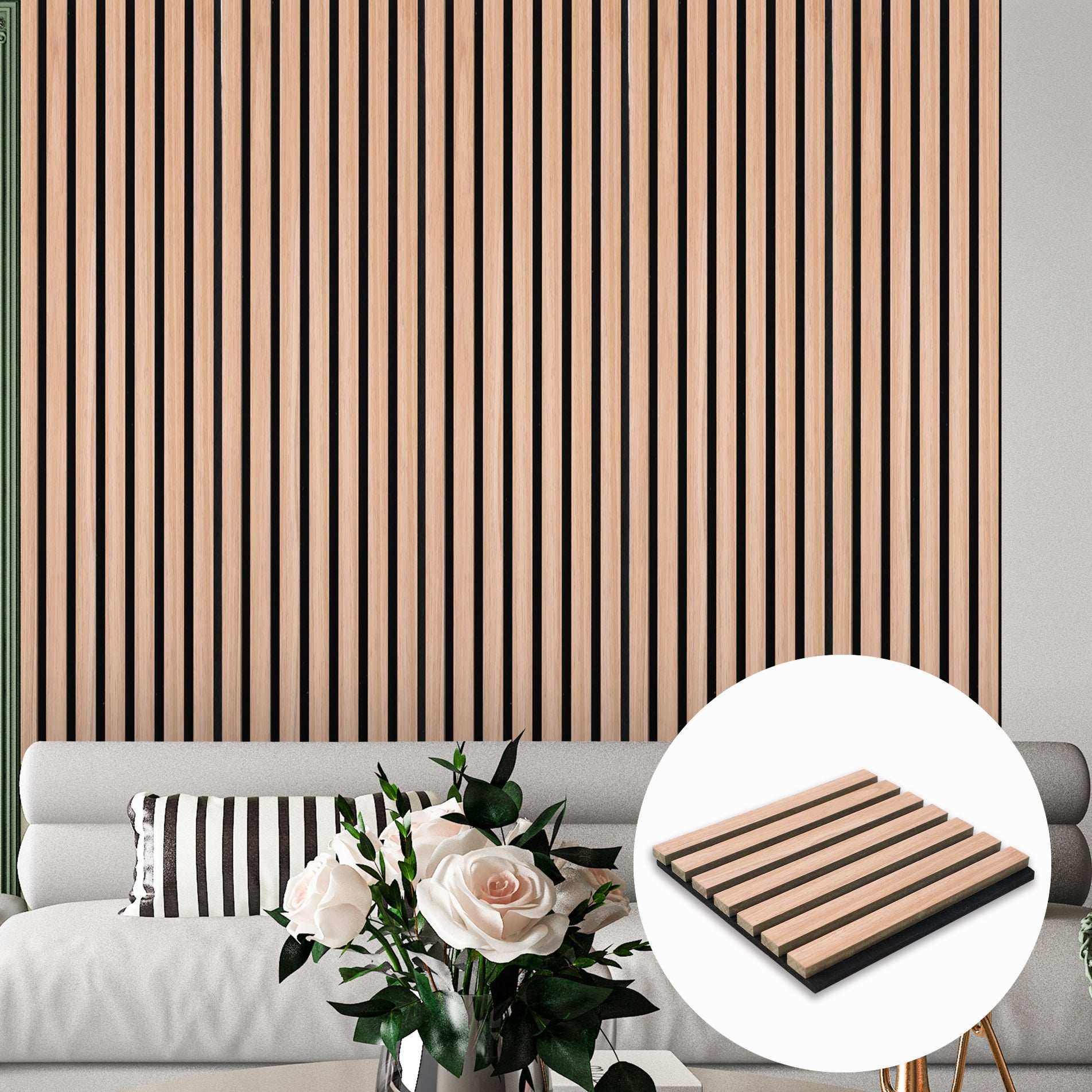 Premium wood slat acoustic panels installed as a modern living room accent wall Main image