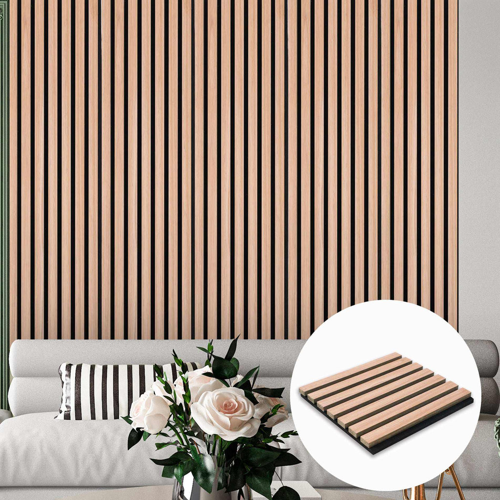 Premium wood slat acoustic panels installed as a modern living room accent wall