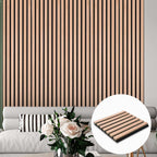 Premium wood slat acoustic panels installed as a modern living room accent wall