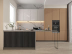 Modern kitchen island with black timber WPC fluted 3D wall panel front
