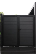 Black aluminum double privacy fence gate with horizontal panels