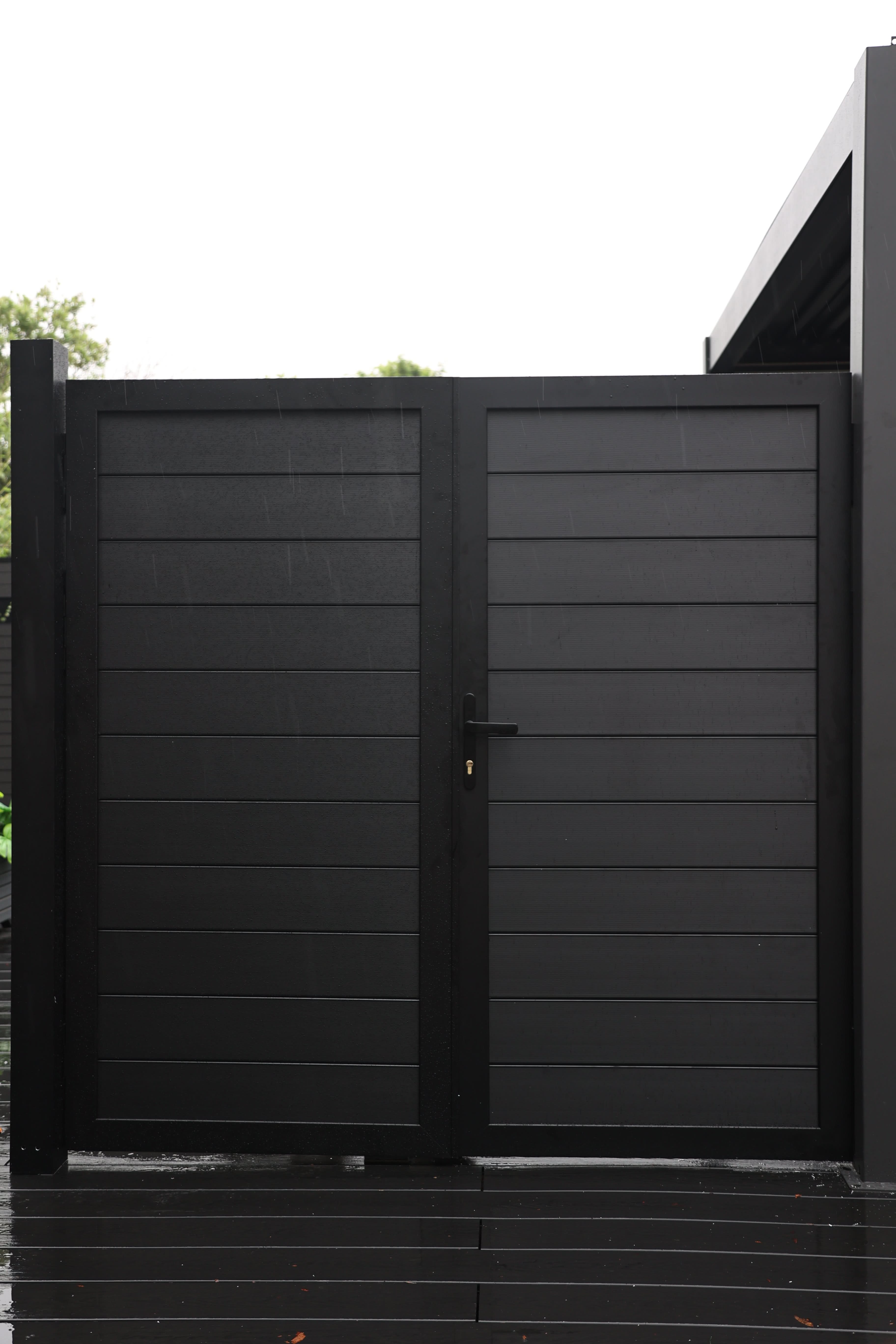Black aluminum double privacy fence gate with horizontal panels