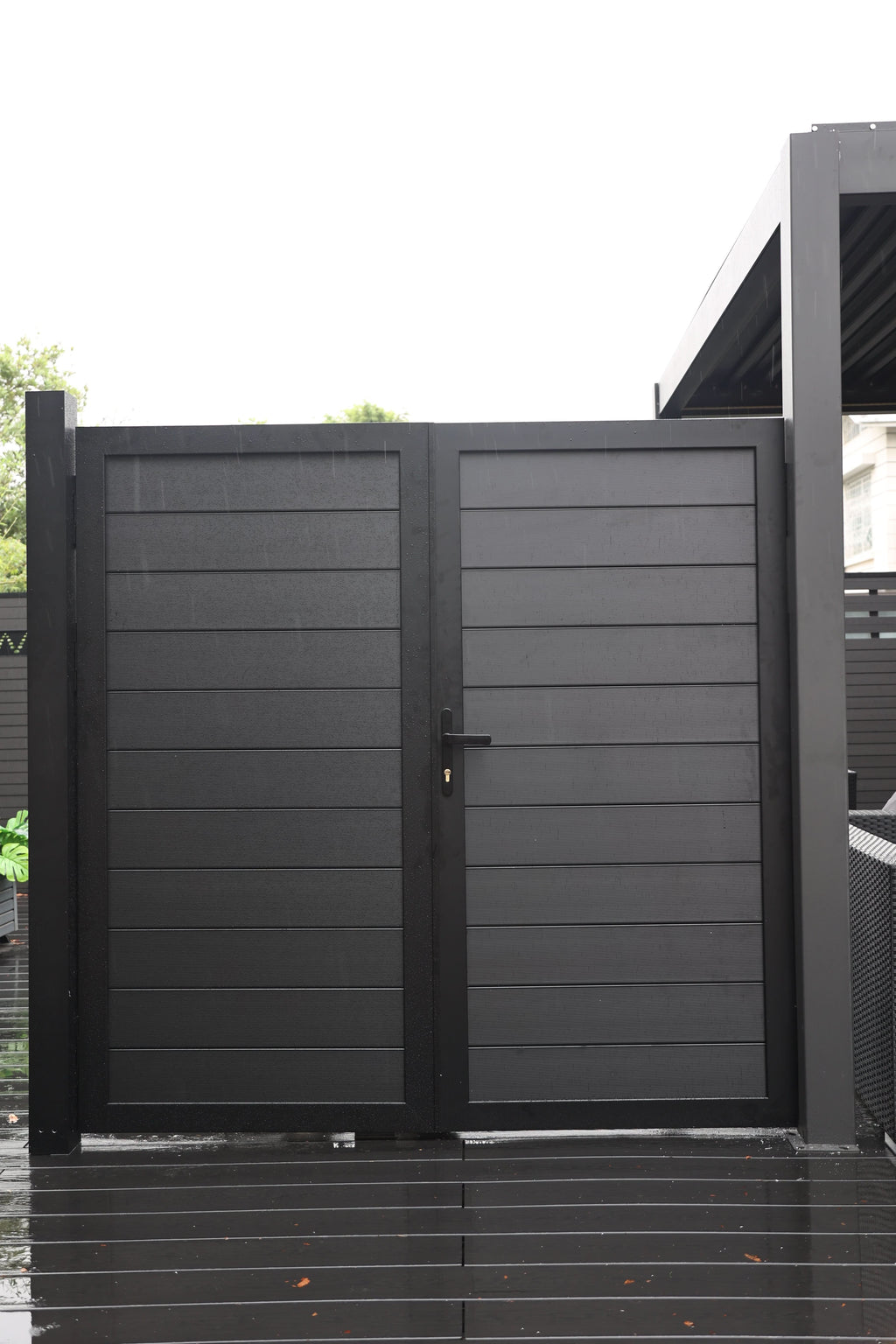 Black aluminum double privacy fence gate with horizontal slat panels
