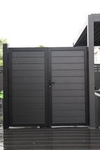 Black aluminum double privacy fence gate with horizontal slat panels