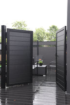 Black aluminum double privacy fence gate open inward with horizontal slat panels
