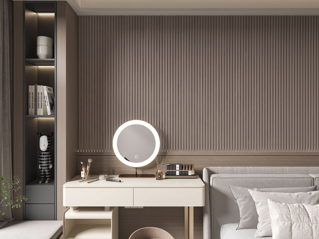 Bedroom accent wall with carbon gray WPC fluted 3D wall panels and vanity setup