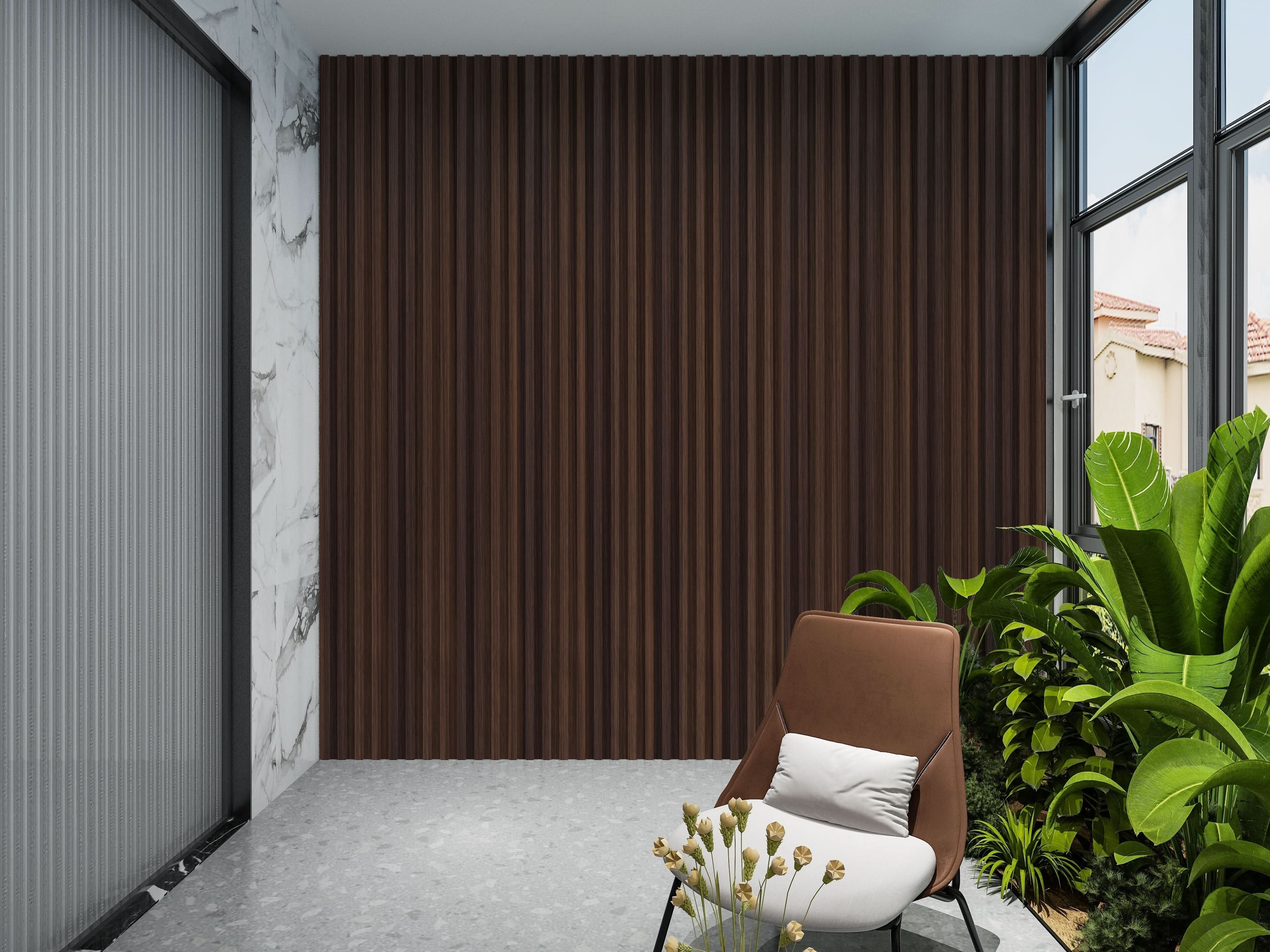 Modern interior accent wall with dark smoky oak WPC fluted 3D wall panels