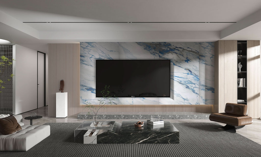 Contemporary living room TV wall with blue vein marble wall panels