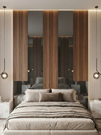 Narrow gray mirror panels alternating with tall wood veneer panels behind a modern upholstered bed