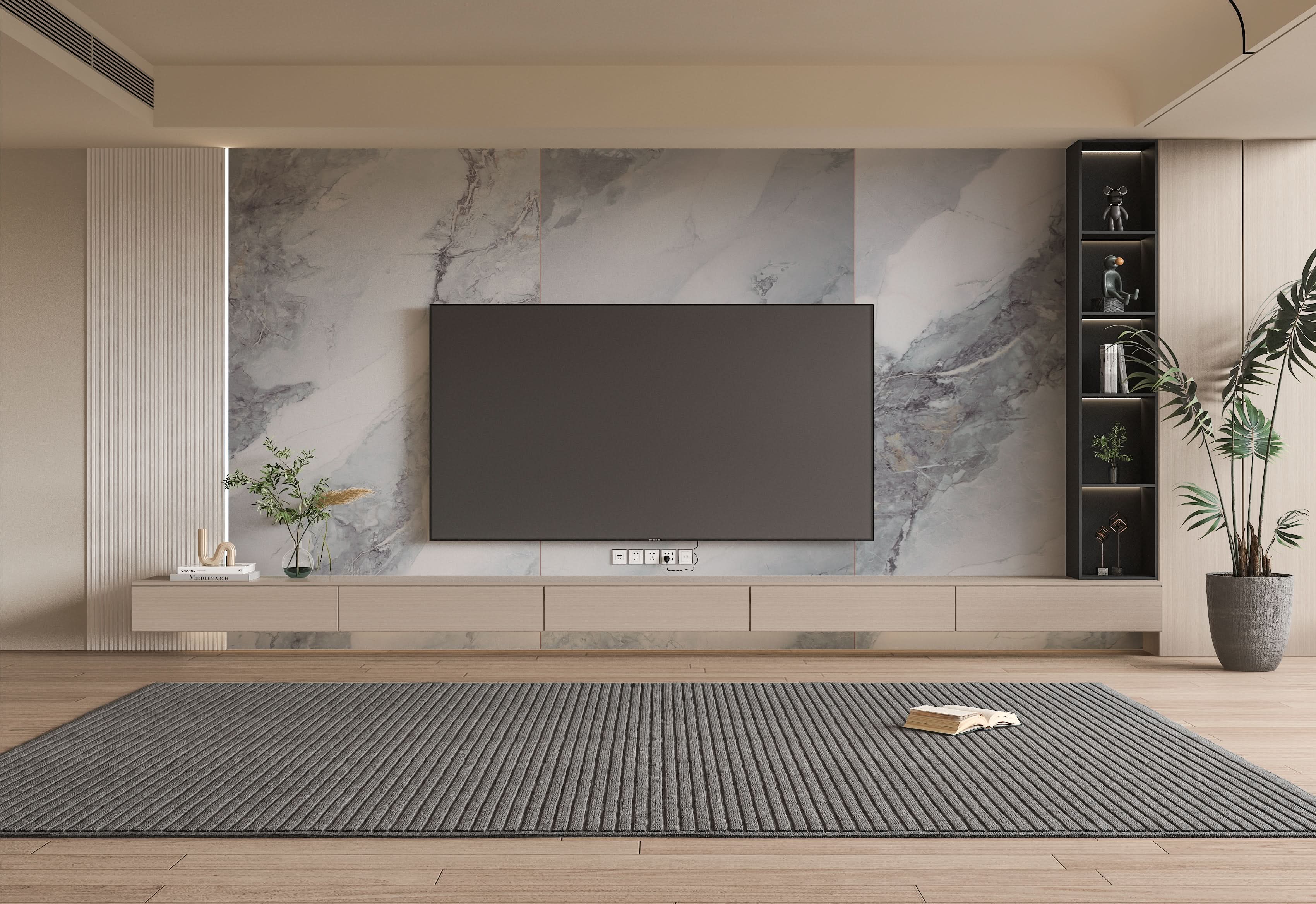 Modern living room TV wall with light grey marble wall panels