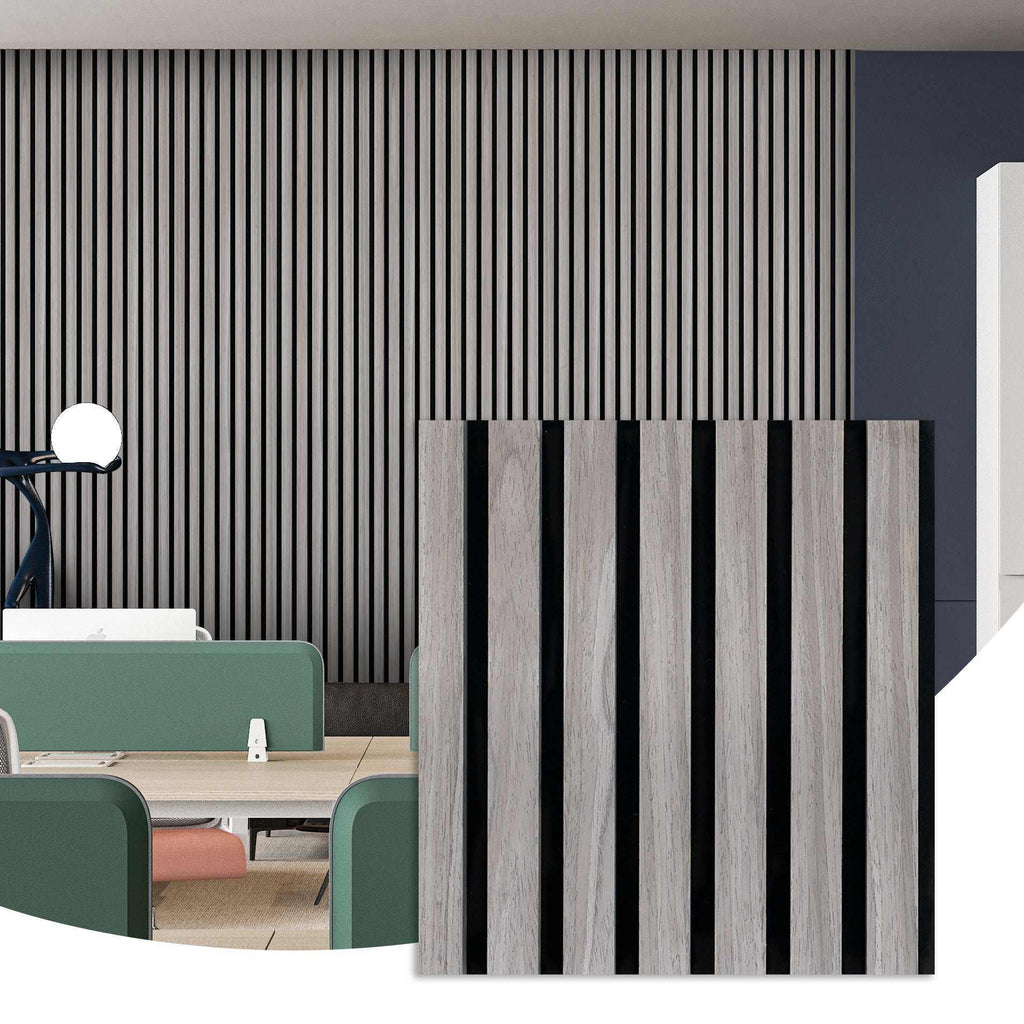 Grey oak wood slat acoustic wall panels with black felt backing