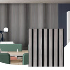 Grey oak wood slat acoustic wall panels with black felt backing