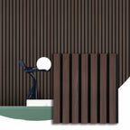 Dark walnut wood slat acoustic wall panels with black felt backing