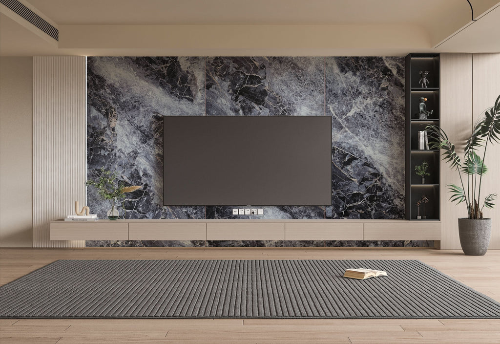 Modern living room TV wall with dark grey marble wall panels