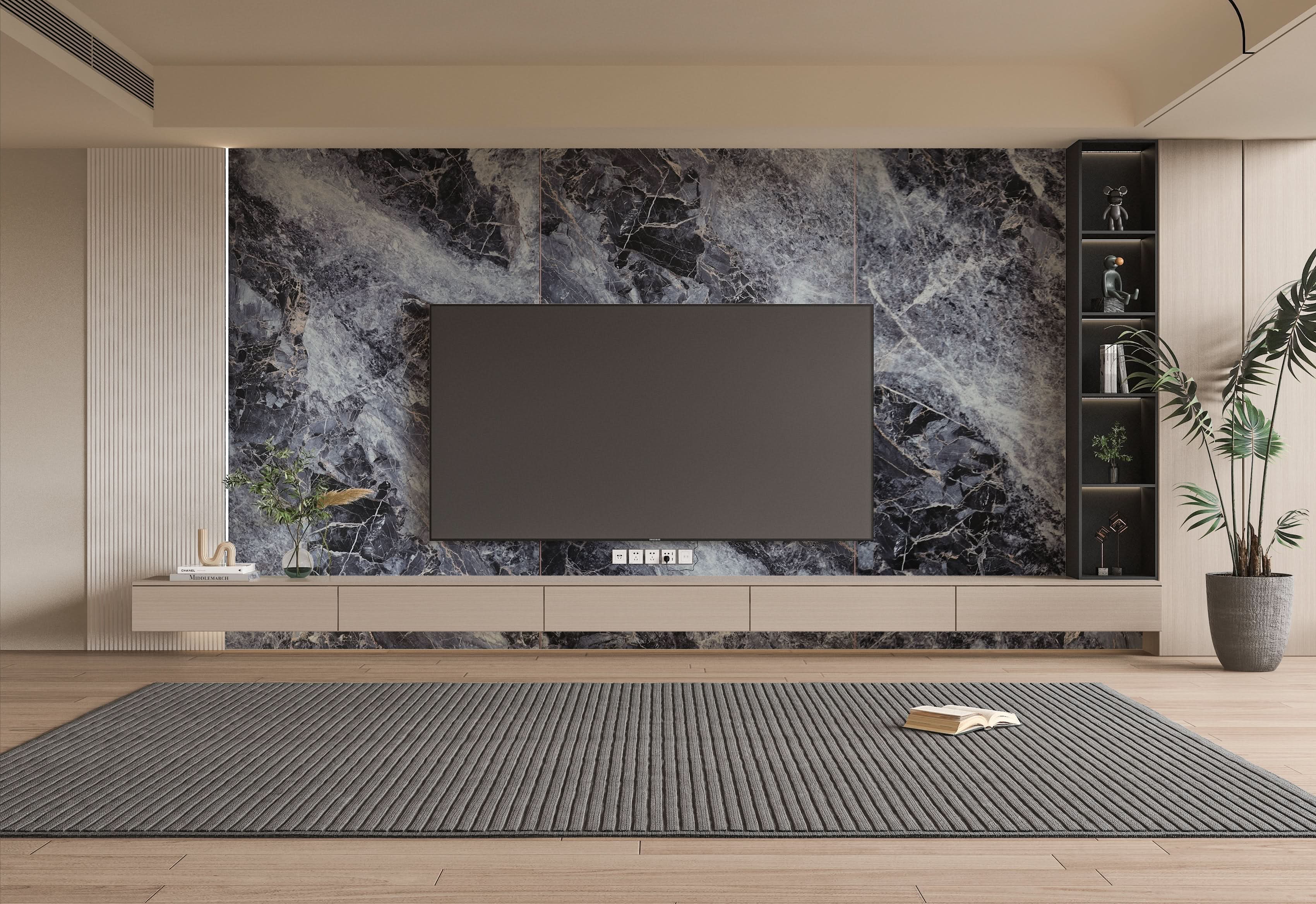 Modern living room TV wall with dark grey marble wall panels