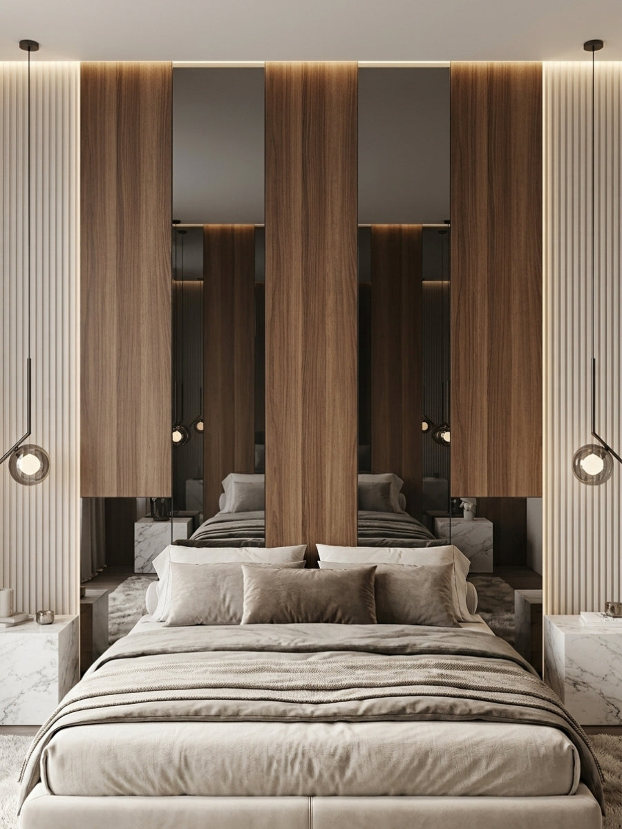 Black mirror panels paired with tall wood veneer sections behind a modern upholstered bed
