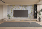 White Gold Luxe marble PVC wall panel with white base and gold veining installed on modern TV feature wall